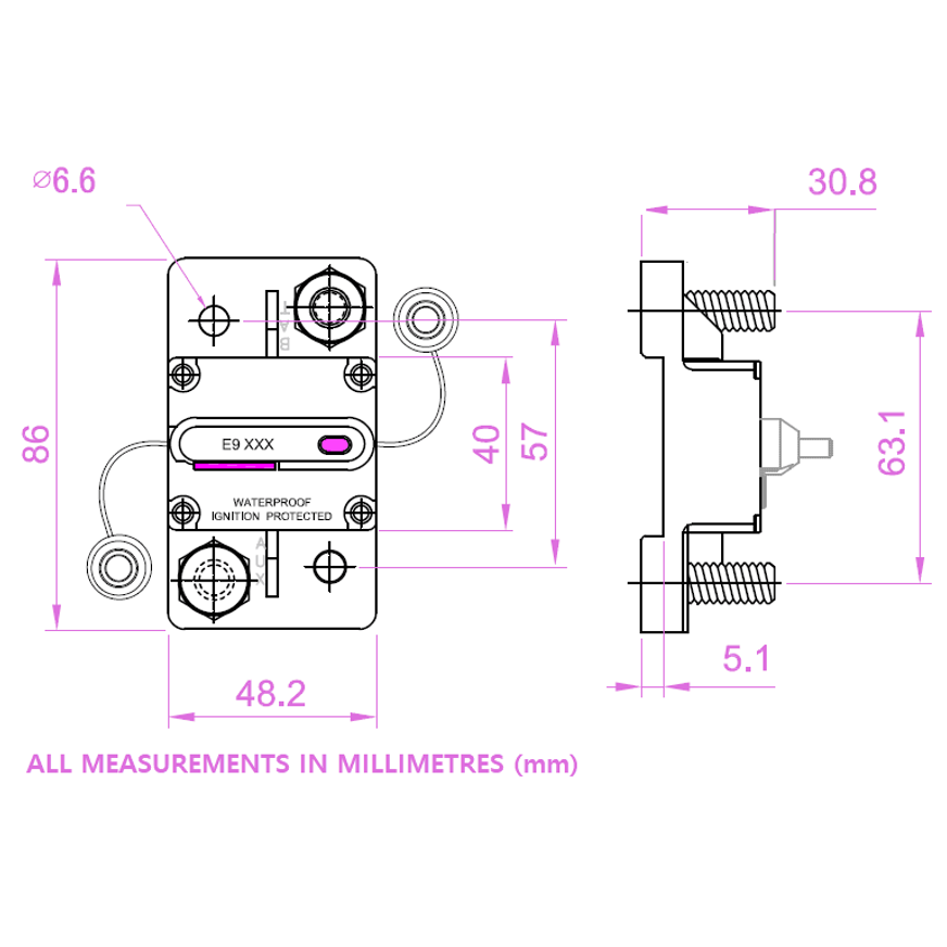 Technical drawing of Exotronic breaker with dimensions in millimetres