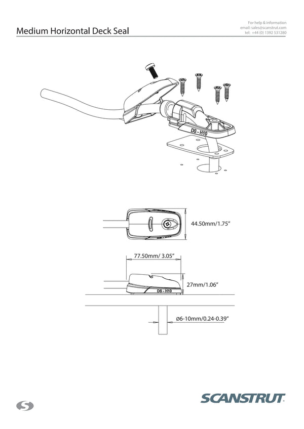 Technical drawing of Scanstrut horizontal deck seal with dimensions in mm and inches