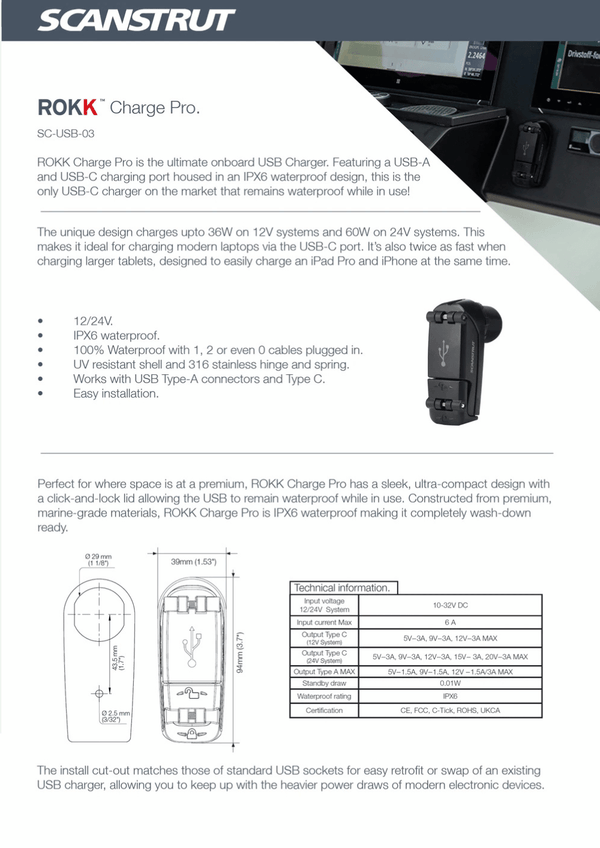 Technical specification data sheet for ROKK Charge Pro USB socket