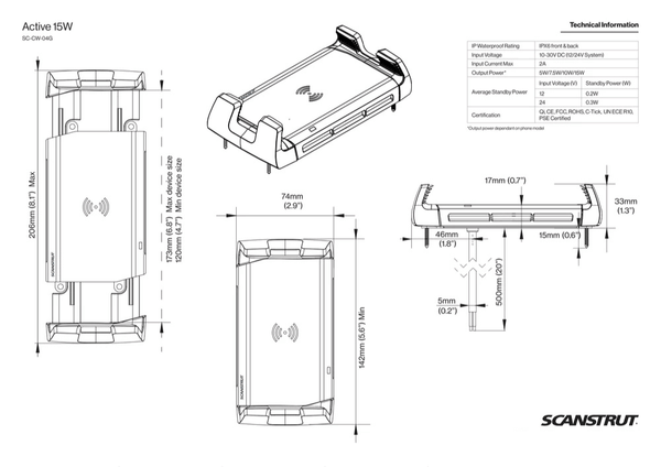 Technical drawing showing dimensions and IPX6 rating for wireless charger