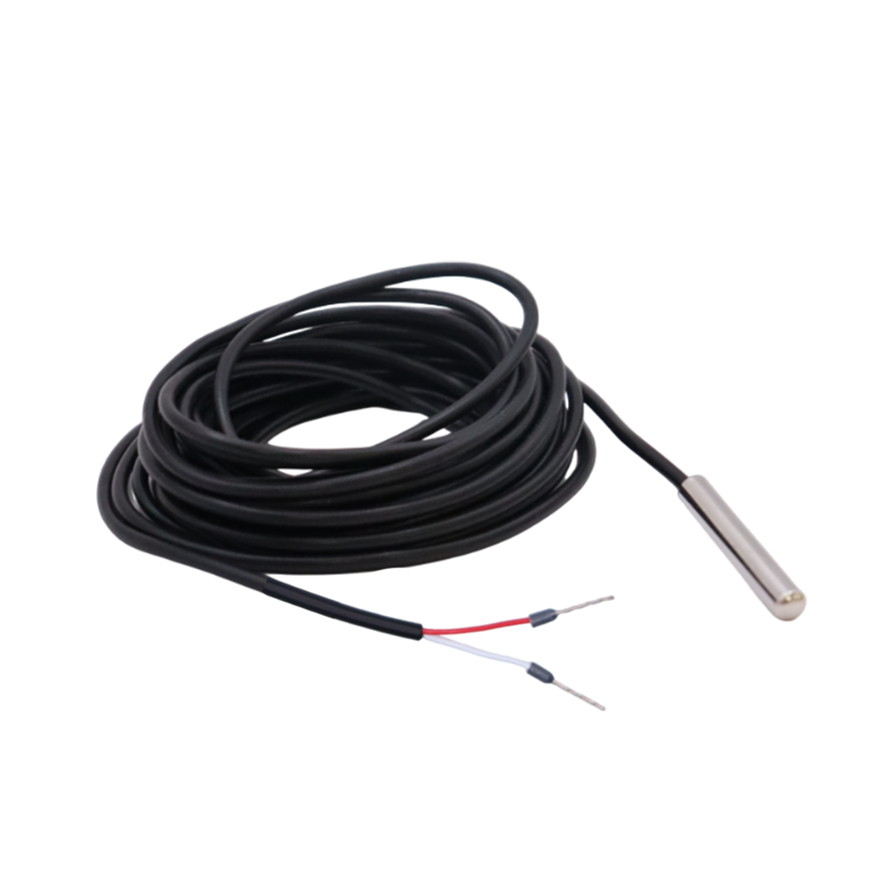 Angled view of coiled temperature sensor cable showing probe and connection wires