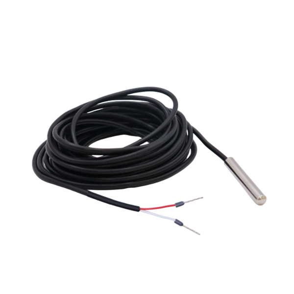 Angled view of coiled temperature sensor cable showing probe and connection wires