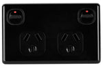 Black double pole 10Amp GPO outlet with two switches and two Australian 3-pin sockets