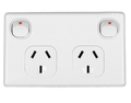 Tesla white double pole 10A double power point GPO with red switch indicators