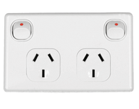 Tesla white double pole 10A double power point GPO with red switch indicators