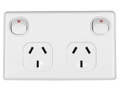 Tesla white double pole 10A double power point GPO with red switch indicators