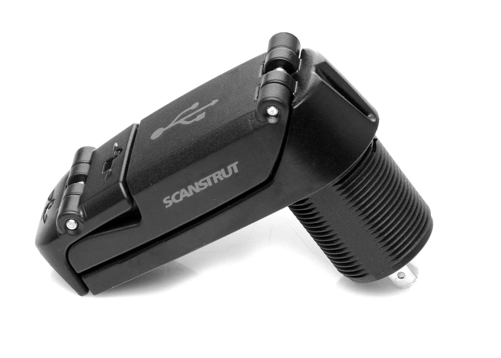 Angled view showing threaded mounting barrel of the USB charger