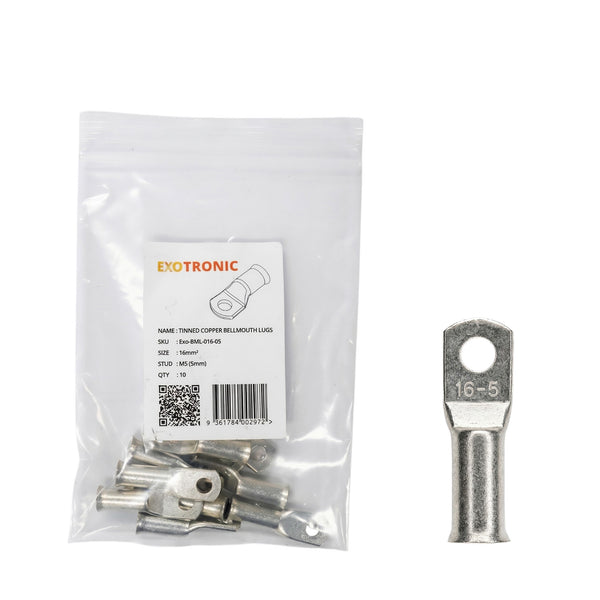10 pack of Exotronic 16mm2 tinned copper lugs with M5 stud holes in retail packaging