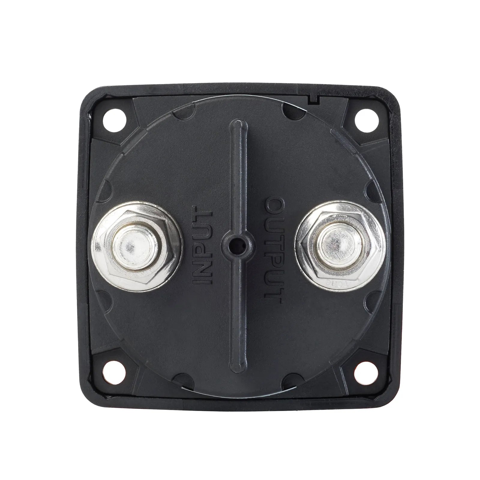 Rear view of the battery switch showing two M10 tinned copper terminal studs