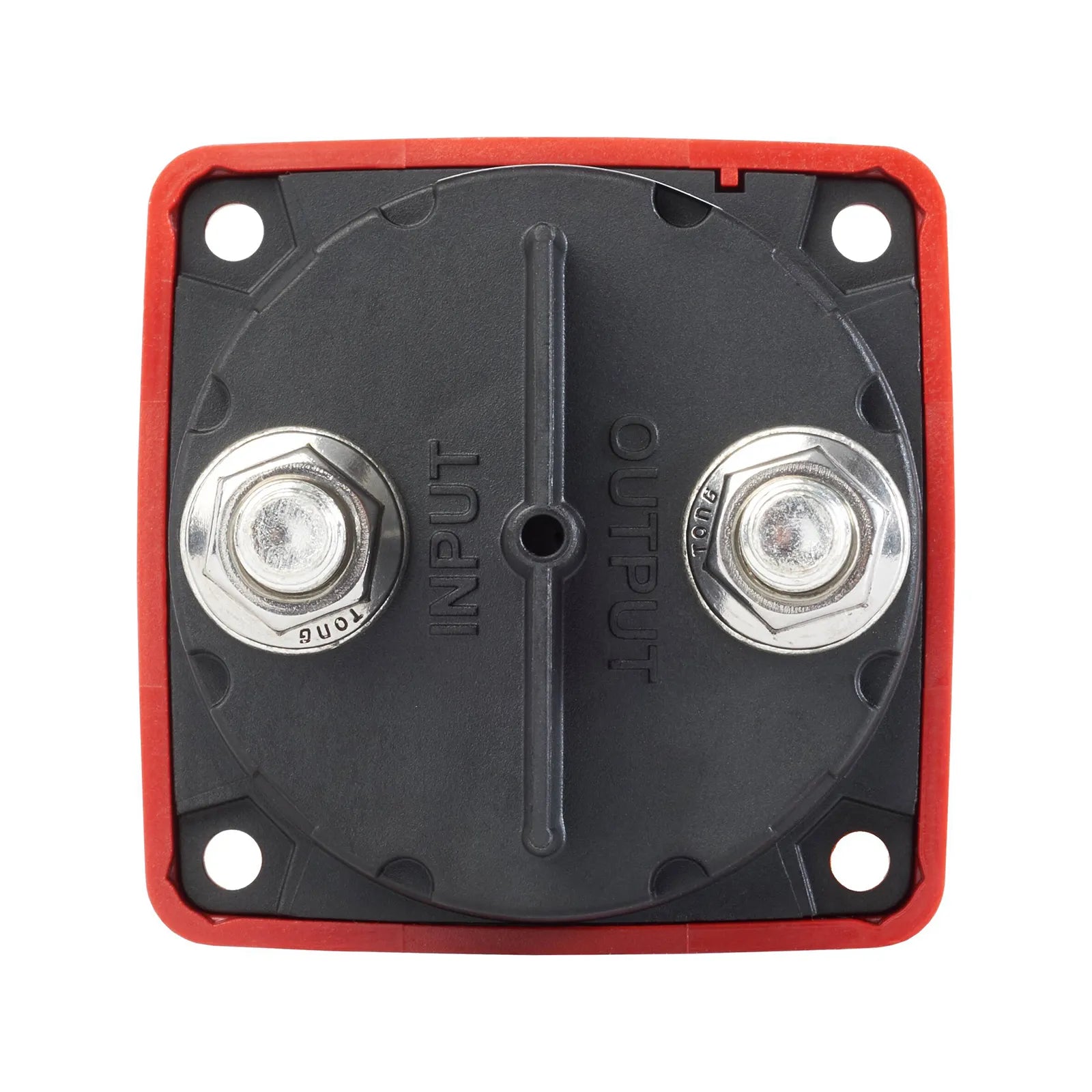 Rear view of the battery switch showing Input and Output tinned copper studs