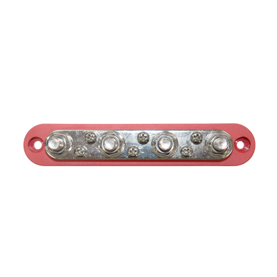Top-down view of red busbar featuring four M8 studs and six screw terminals on a tin-plated copper plate