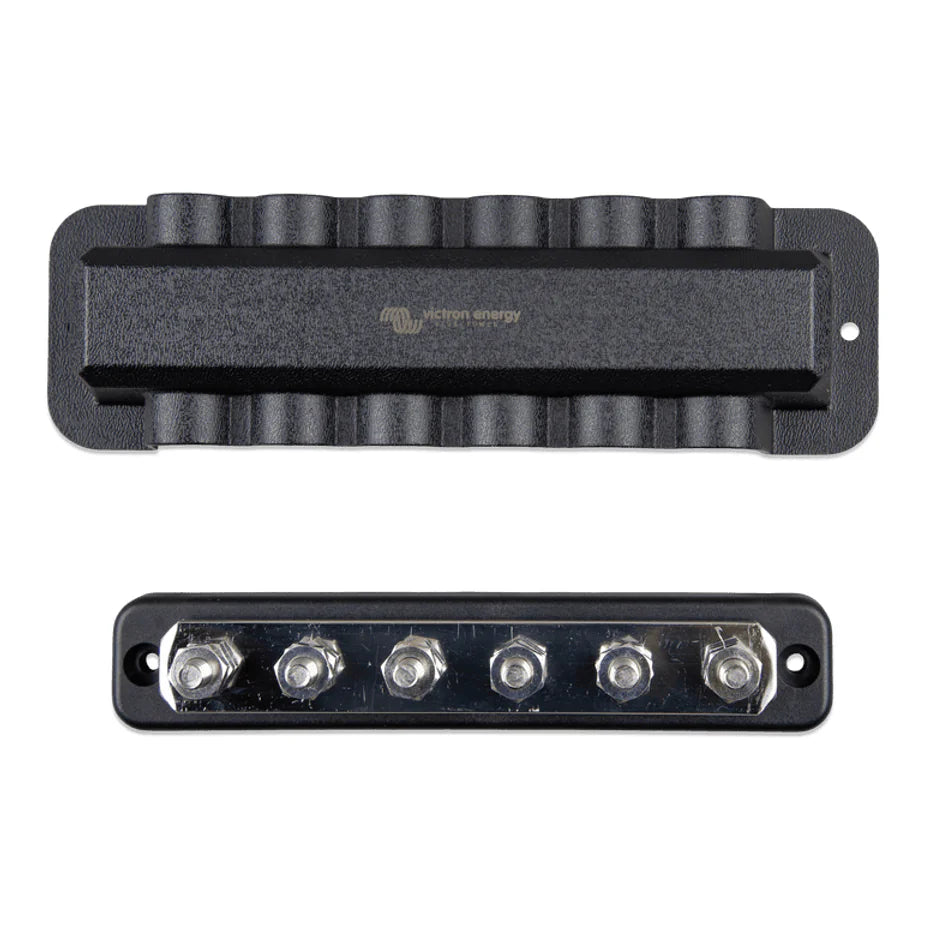 Top-down view of a 250A busbar showing 6 terminals and matching black cover