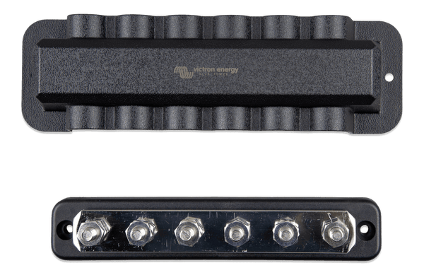 Top-down view of a 250A busbar showing 6 terminals and matching black cover
