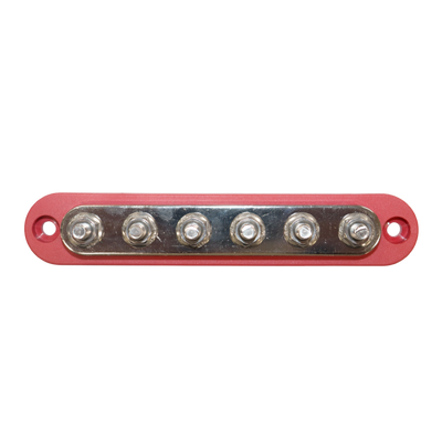 Top-down view of red busbar featuring six tin-plated copper M6 studs