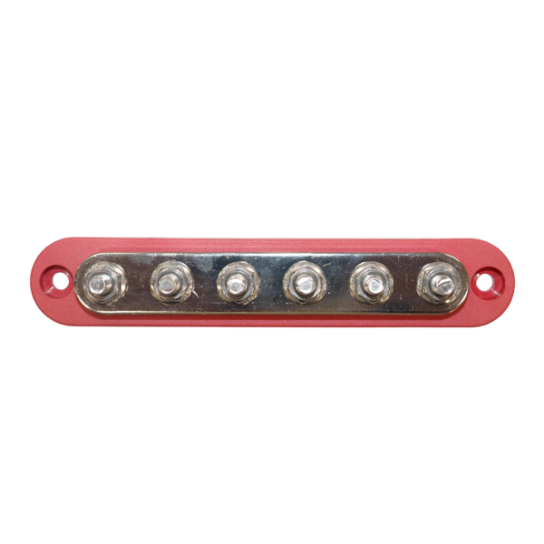 Top-down view of red busbar featuring six tin-plated copper M6 studs
