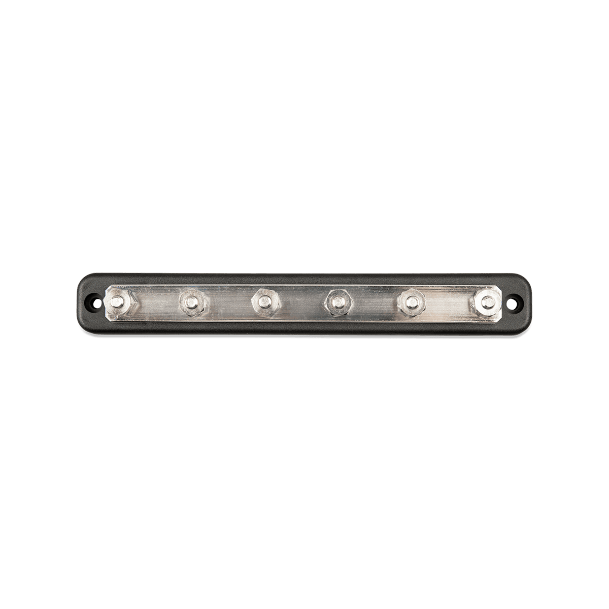 Technical top-down view of a 6-terminal 150A busbar without cover