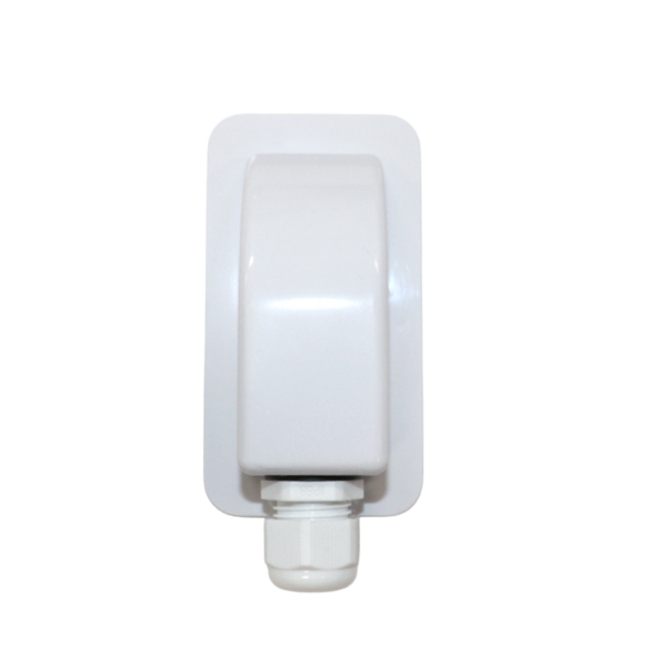 Top-down view of white cable entry cover showing smooth aerodynamic housing