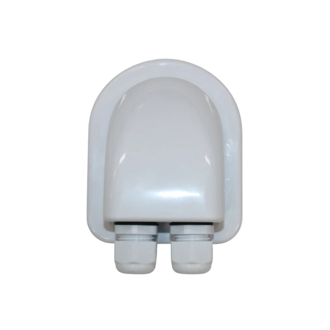 Top-down view of white cable entry cover highlighting rounded aerodynamic shape and rear dual glands