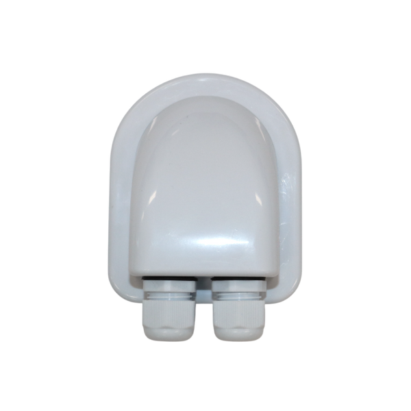 Top-down view of white cable entry cover highlighting rounded aerodynamic shape and rear dual glands