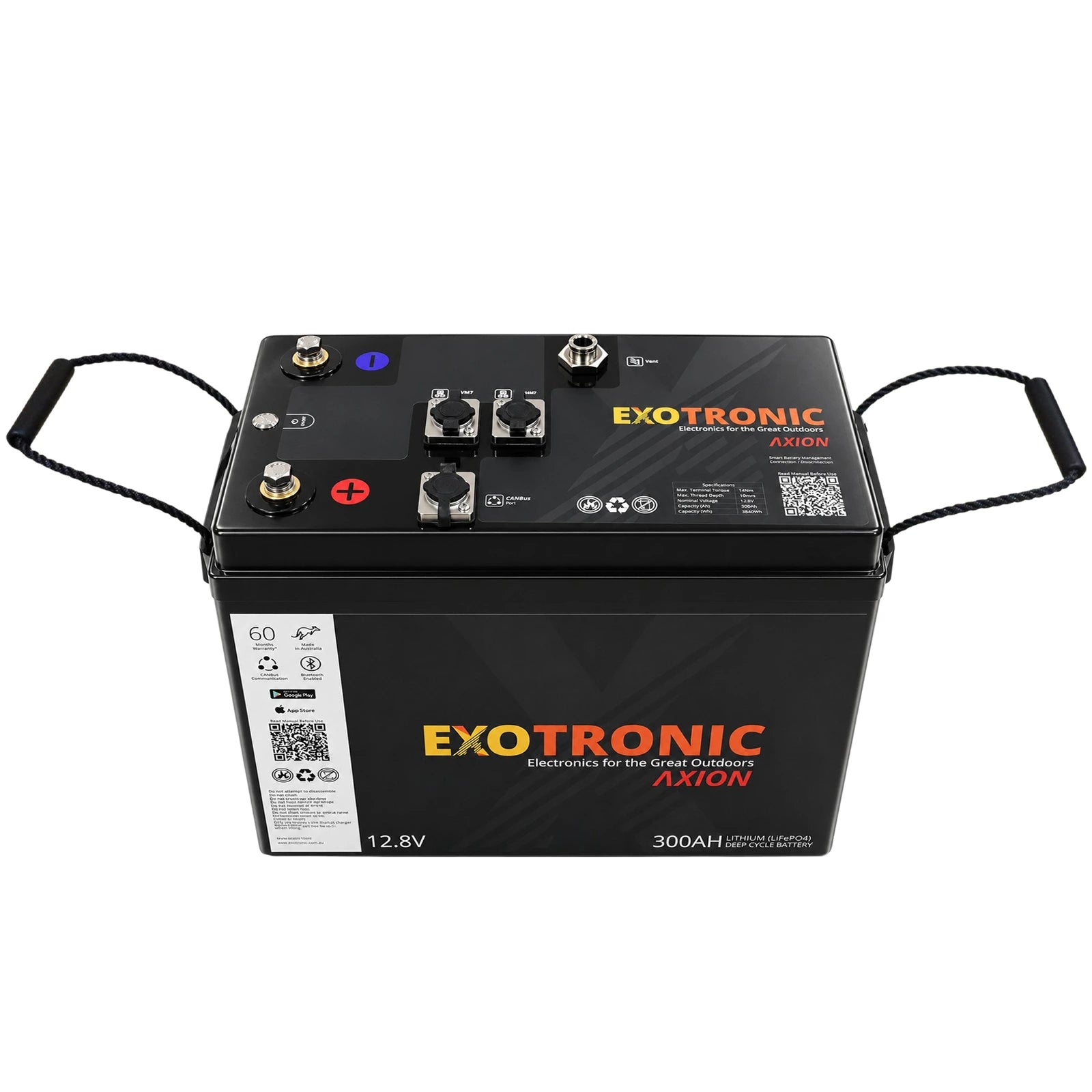 Perspective view showing the top panel and rope handles of the 300Ah lithium battery