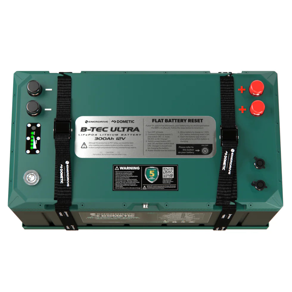 Top view of lithium battery showing M8 terminals, SOC indicator and reset button
