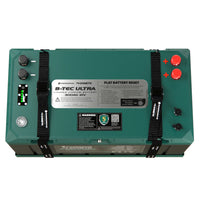 Top view of lithium battery showing M8 terminals, SOC indicator and reset button