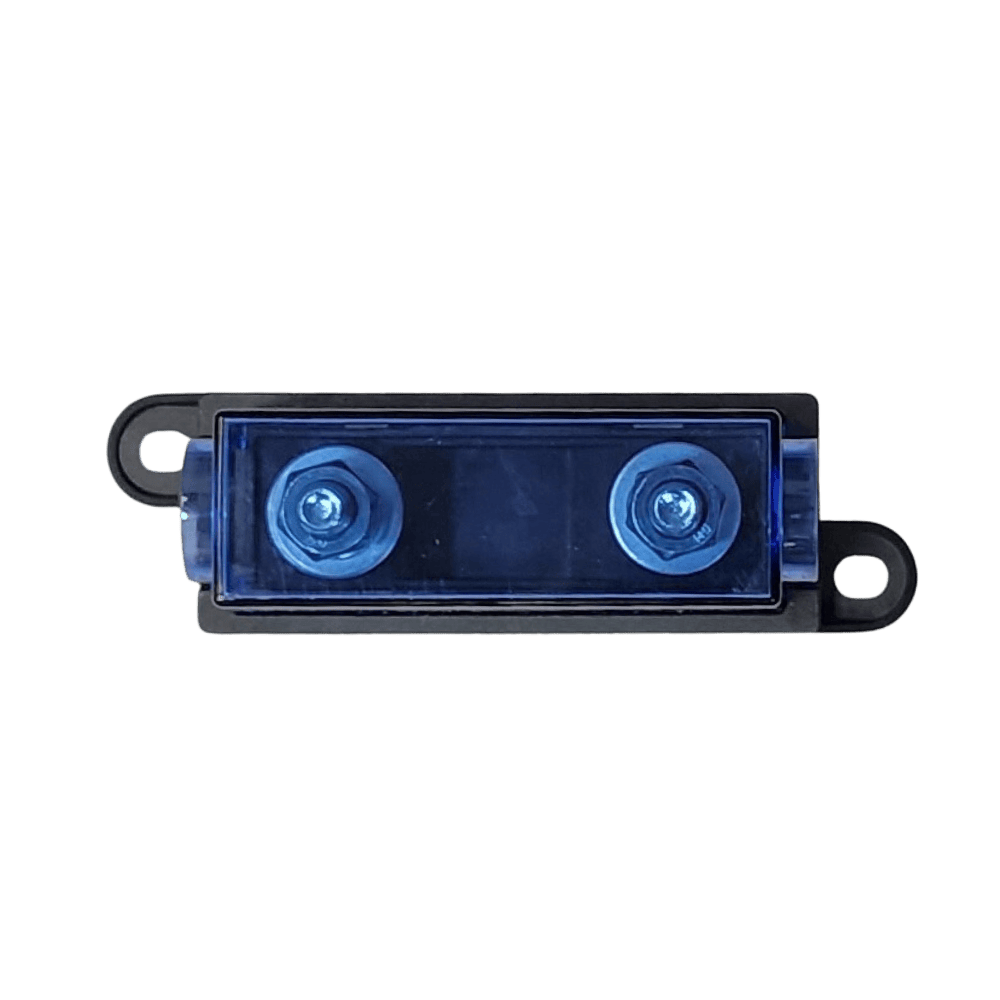 Top-down view of assembled fuse holder looking through the transparent blue cover