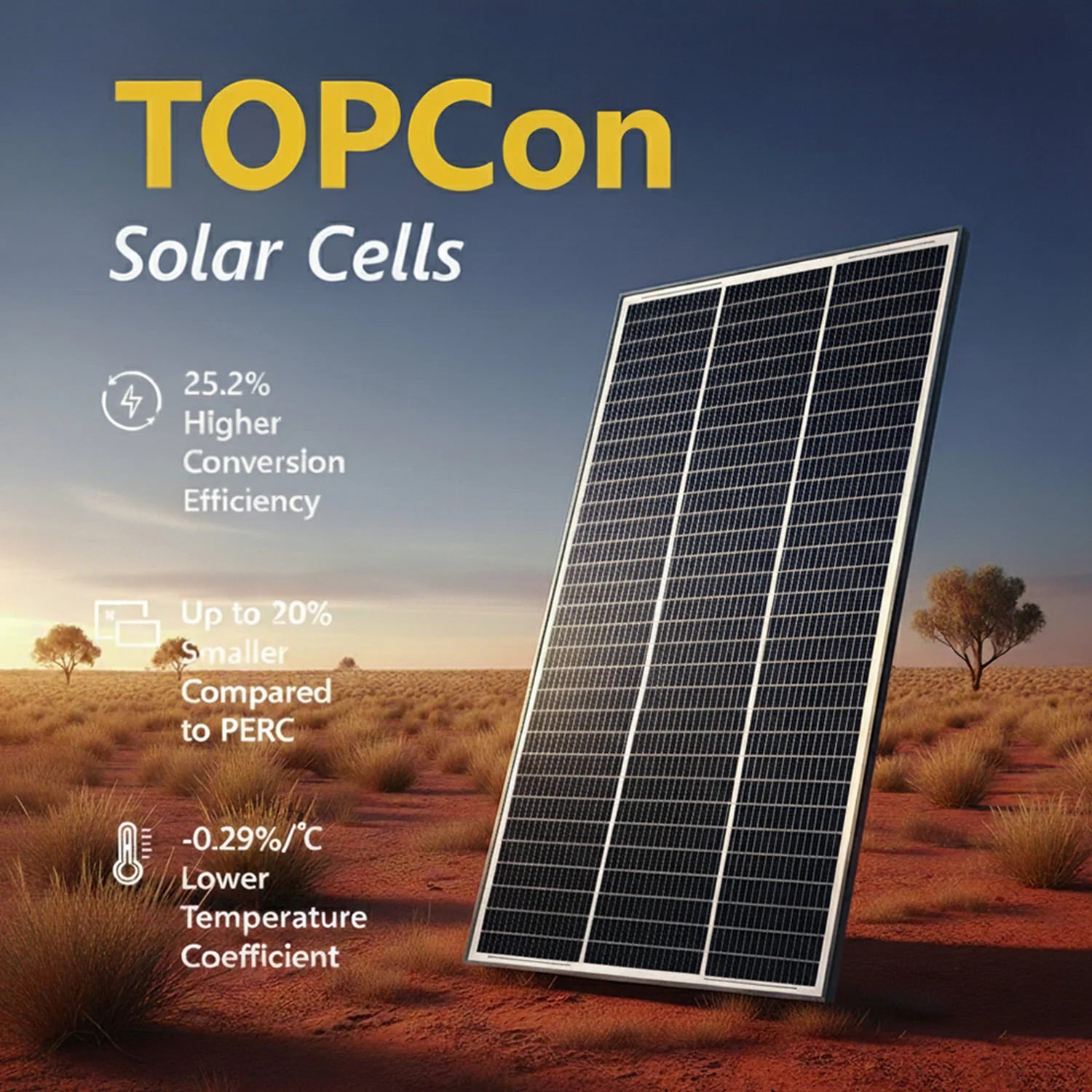 Solar panel in outback setting highlighting TOPCon cell technology features