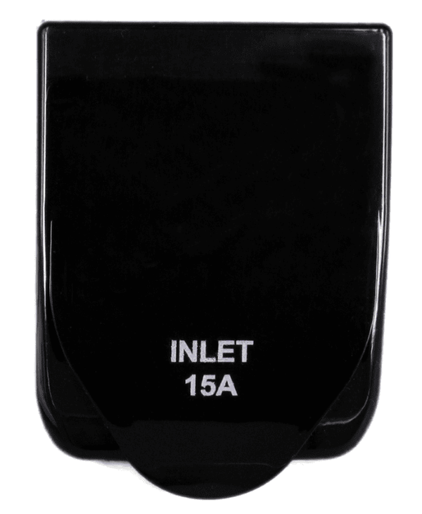 Closed black protective cover of a 15A caravan power inlet with white text reading INLET 15A