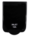 Closed black protective cover of a 15A caravan power inlet with white text reading INLET 15A