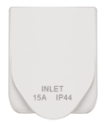 Front view of a white caravan power inlet with the weatherproof cover closed showing IP44 rating