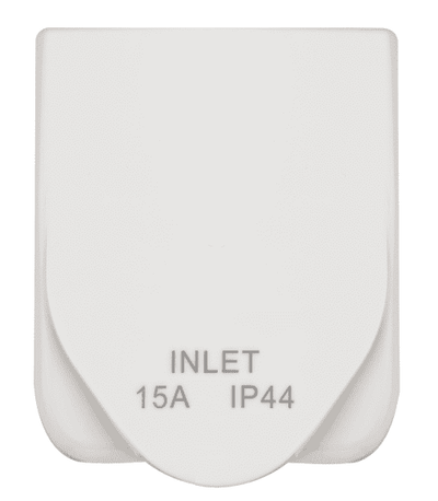 Front view of a white caravan power inlet with the weatherproof cover closed showing IP44 rating
