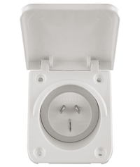 Open white caravan power inlet revealing the 15A 3-pin male connector and mounting holes