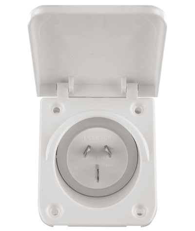 Open white caravan power inlet revealing the 15A 3-pin male connector and mounting holes