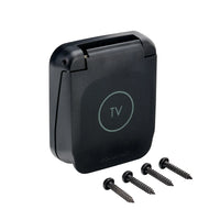 Angled view of closed waterproof TV socket with four black mounting screws displayed