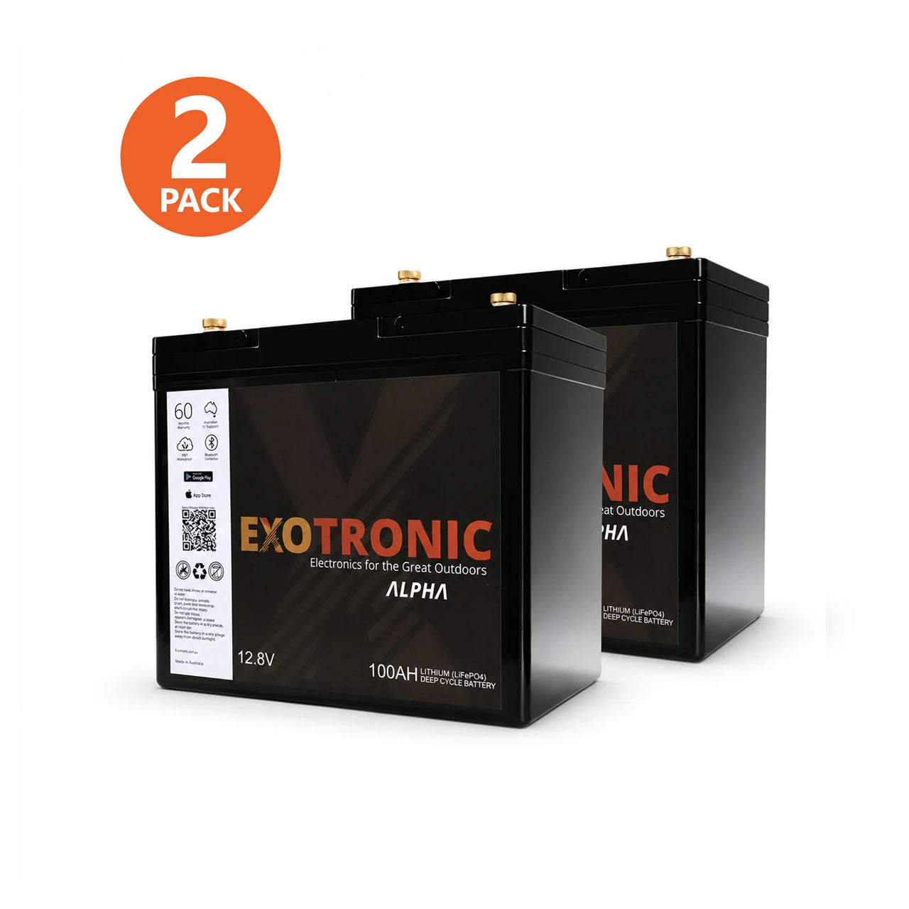 Two black Exotronic Alpha 12V 100AH batteries shown as a 2-pack.
