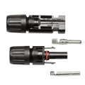Unassembled Exotronic solar connector pair showing housings, glands and crimp terminals