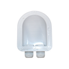 Underside view of white cable entry housing showing hollow interior and wide surface area for adhesive application
