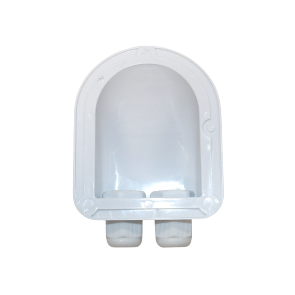 Underside view of white cable entry housing showing hollow interior and wide surface area for adhesive application