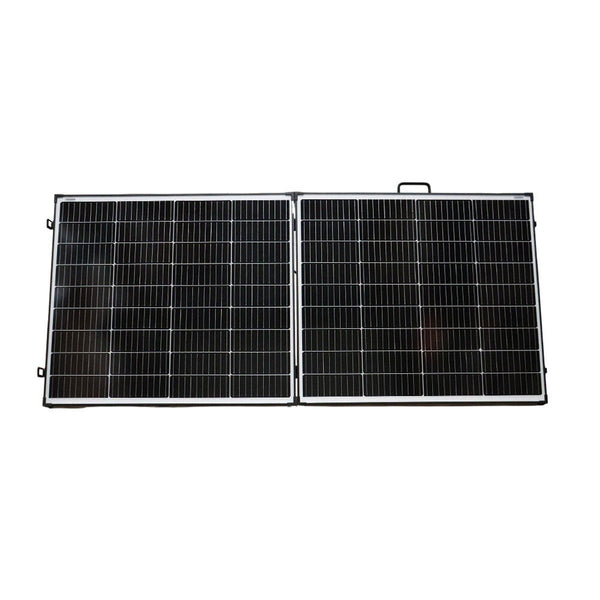 Full front view of unfolded 200W solar panel array