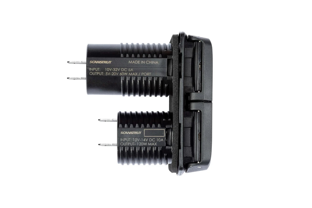 Side profile of Scanstrut power socket showing technical specifications and rear terminals