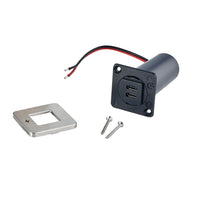 Components of the dual USB-C socket kit including bezel, barrel, and screws