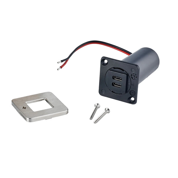 Components of the dual USB-C socket kit including bezel, barrel, and screws