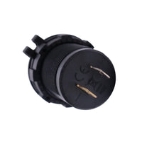 Rear view of socket housing showing positive and negative spade terminals and markings
