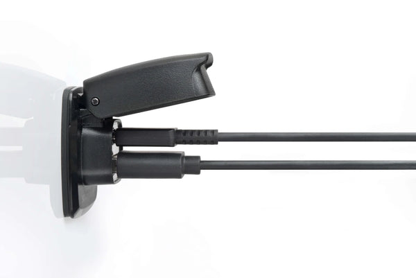 Side profile of Flip Pro USB socket with cables connected and lid open