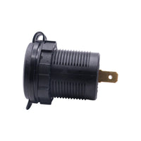 Side profile of USB socket body showing threaded housing and metal spade terminal
