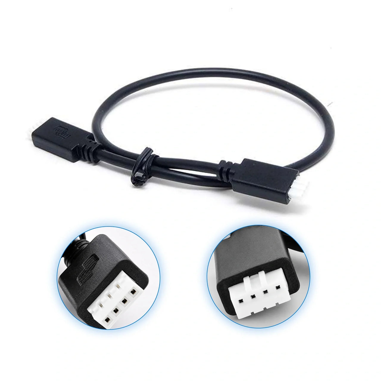 Close up of Coiled 0.3m black VE.Direct cable with 4-pin white connectors