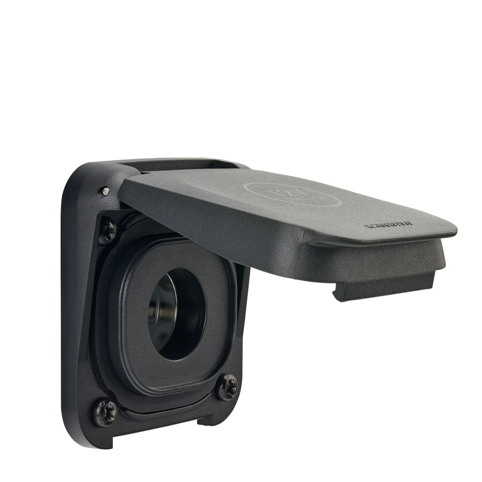 Perspective view of 12V accessory socket with lid open at 45 degrees