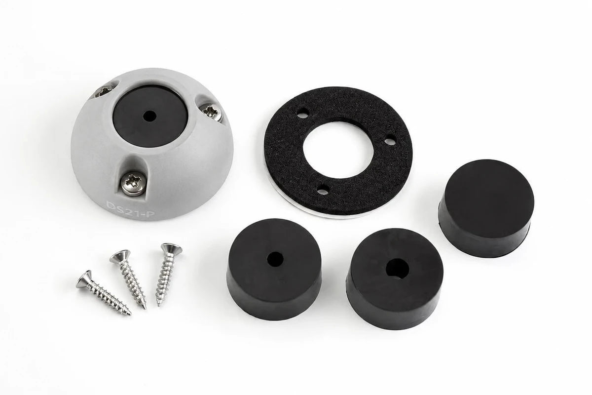 Components of the grey vertical cable seal kit including shell, screws and rubber bungs