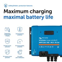 Infographic showing SafetyShield+ protection features for the Victron SmartSolar charge controller